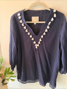 Sail to Sable Navy V-Neck Tunic with White Pom Trim
